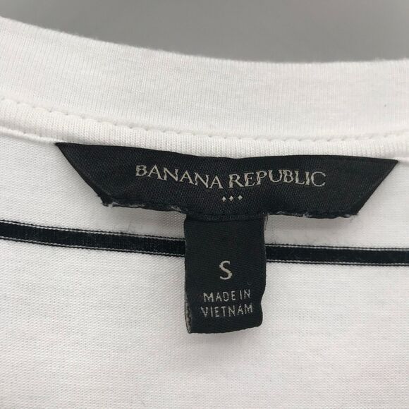 Banana Republic Dress Small White Black Stripe Blouson Keyhole Neck Pockets - Picture 6 of 7